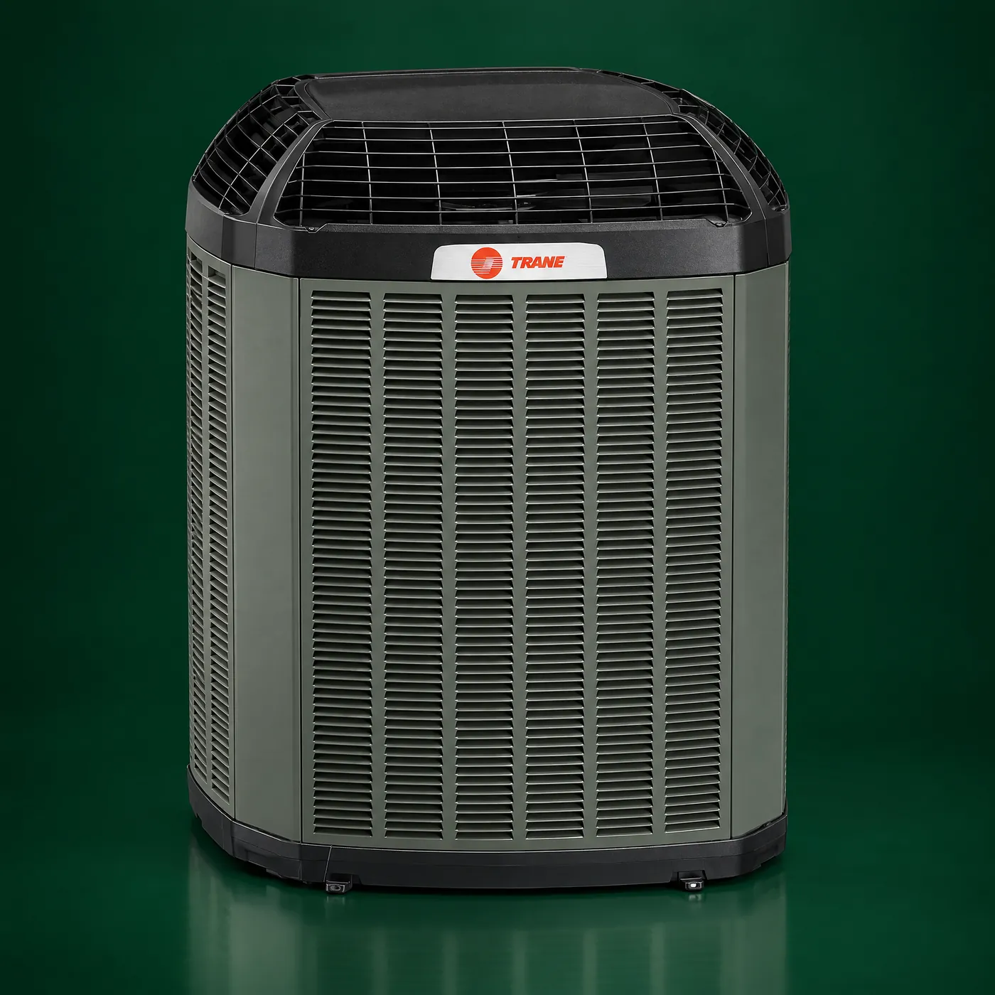 Trane XV20i air conditioner with a charcoal louvered grille on a deep green backdrop