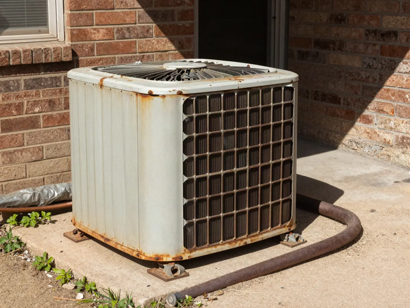 An 18-year-old condenser with rusted panels and bent fins