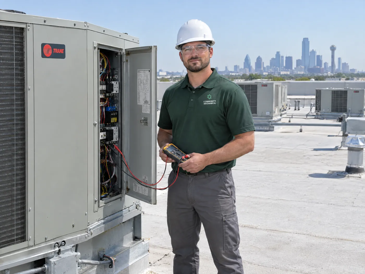 Community Mechanical technician uses a multimeter on an open Trane rooftop unit in Dallas