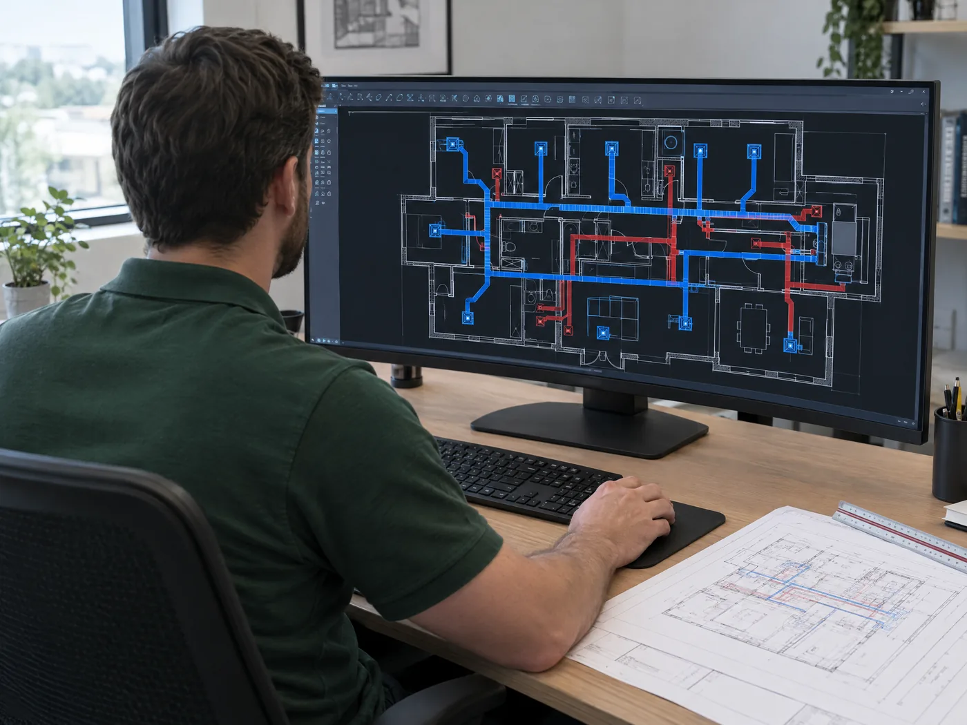 Designer in green polo drafting HVAC ducts in CAD, blue supply and red returns over a floor plan