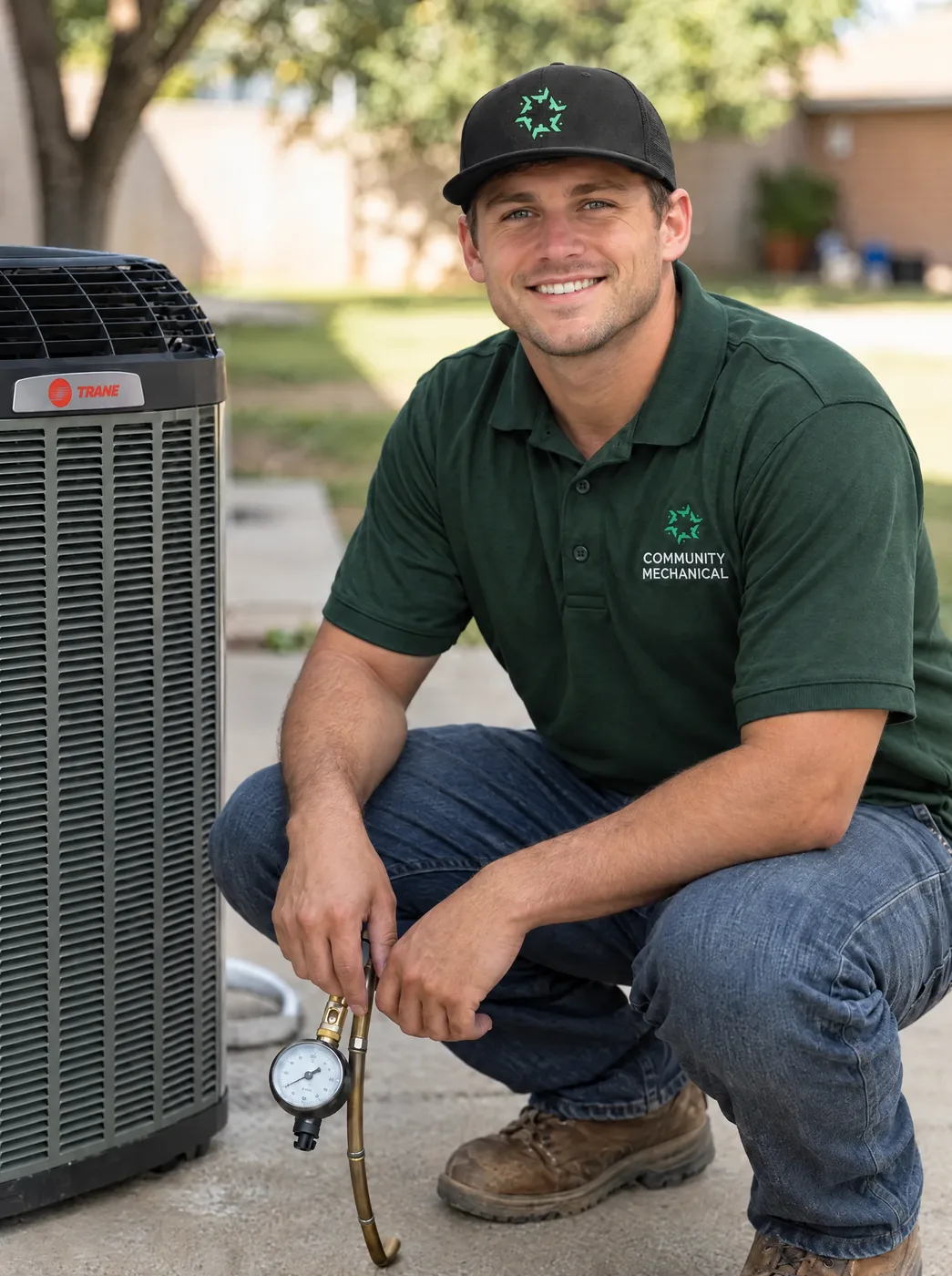 Community Mechanical technician in the green company polo crouching beside a Trane condenser with a refrigerant gauge