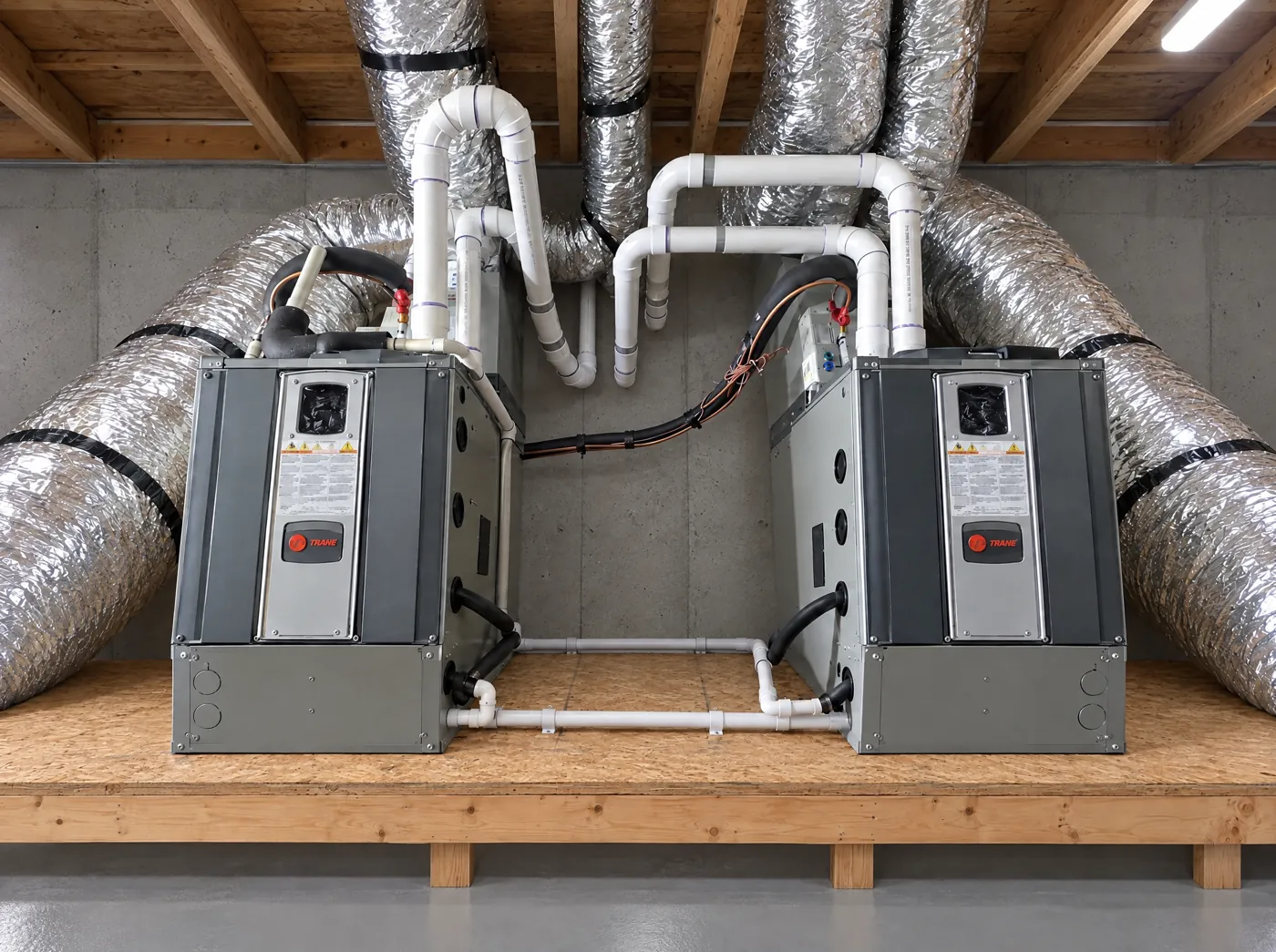 Two Trane gas furnaces side by side on a raised platform in a basement mechanical room, with PVC venting, condensate lines, and insulated flex ducts